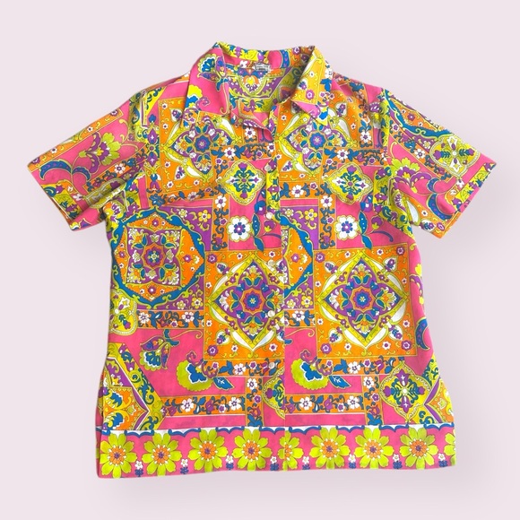 Vintage 60s Pykettes Psychedelic Top Button Up Large - Picture 2 of 8